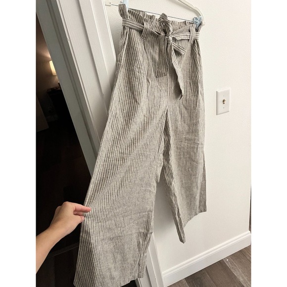 Max Studio Wide Leg Crop Linen Cotton Blend Stripe Beige Pull on Medium paperbag - Picture 8 of 9